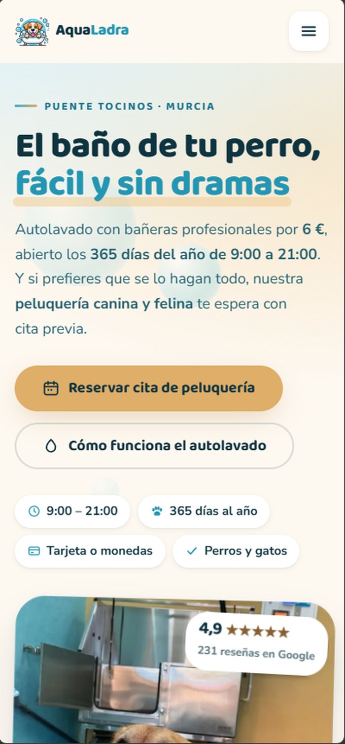 Portada de aqualadra.com en móvil