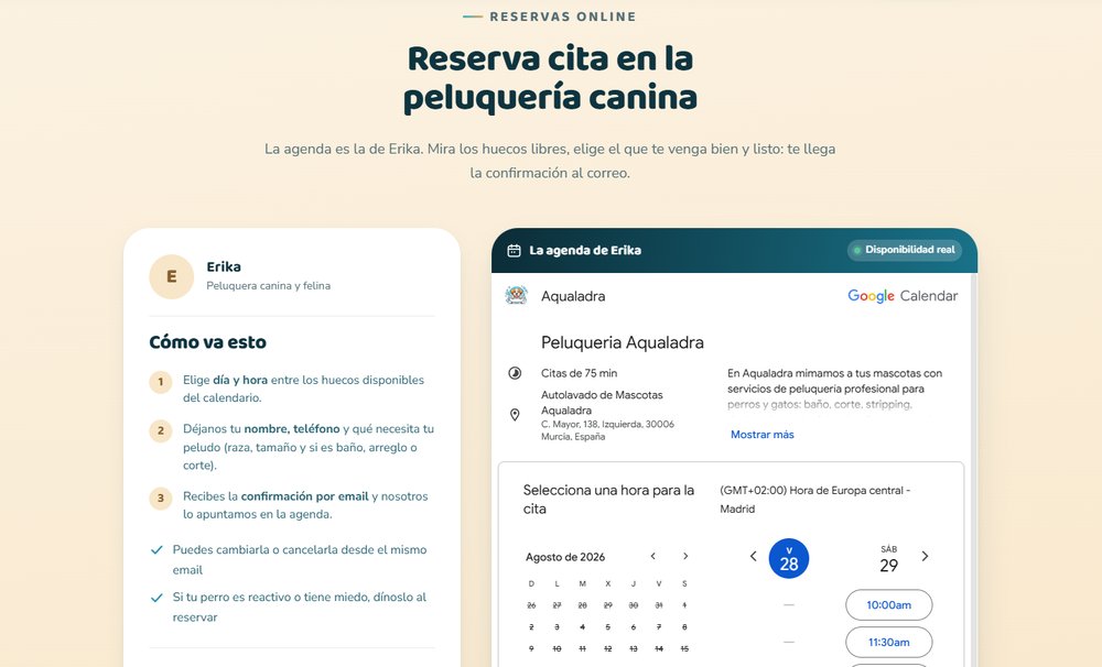Reserva de cita online de aqualadra.com con disponibilidad real del calendario de Google