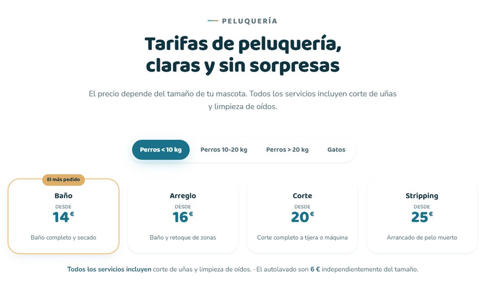 Tarifas de peluquería de aqualadra.com por tamaño de mascota
