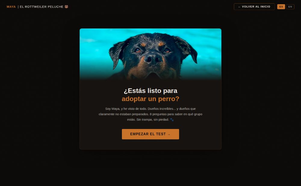Test interactivo de mayarottweiler.com: ¿estás listo para adoptar un perro?